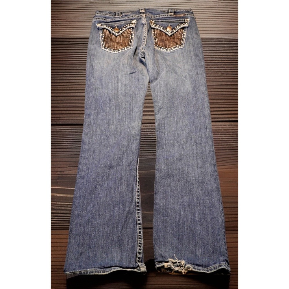 Cowgirl‎ Tuff Womens Jazzy Boot Cut Jeans 29x35 Blue Stretch Pocket Flap Raw Hem